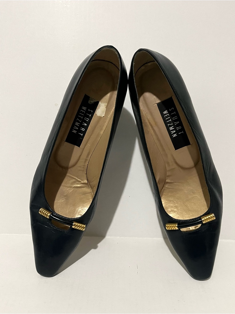 Vintage Stuart Weitzman Black Pointed Toe Pumps with Gold Accent